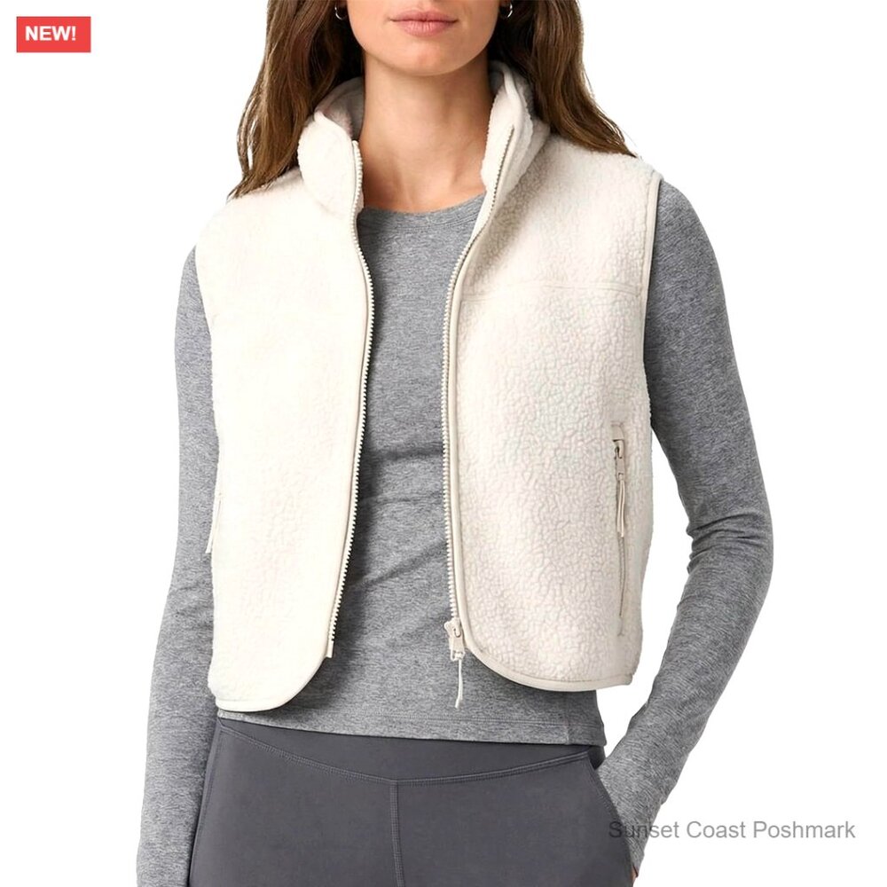 Cropped Fleece Vest Sleeveless Stand Collar Zip Up Sherpa Jacket with Pockets